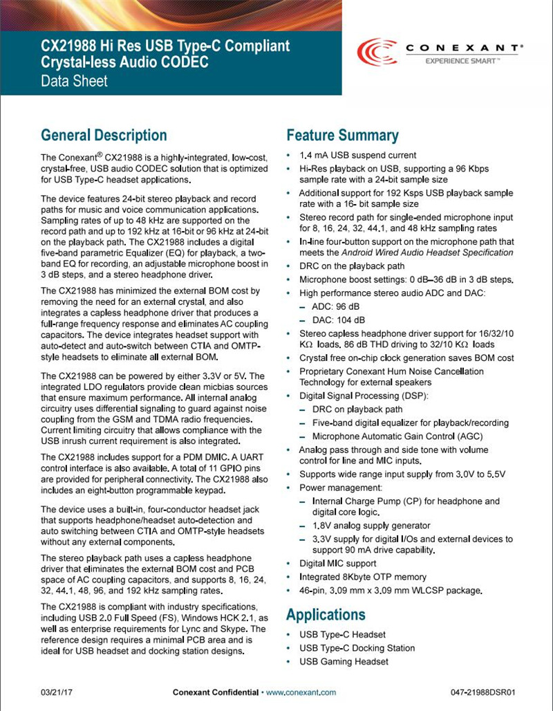 Conexant CX21988 Data Sheet