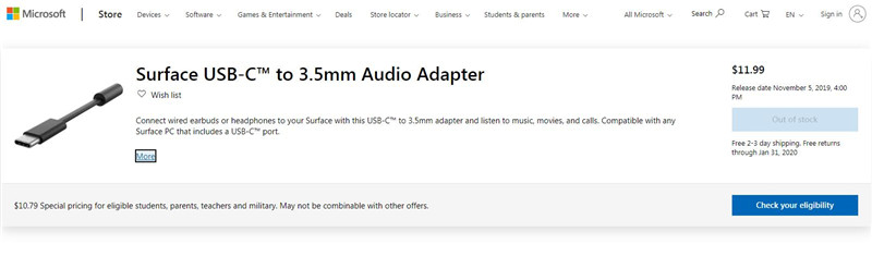 Surface USBC TO 3.5MM AUDIO ADAPTER