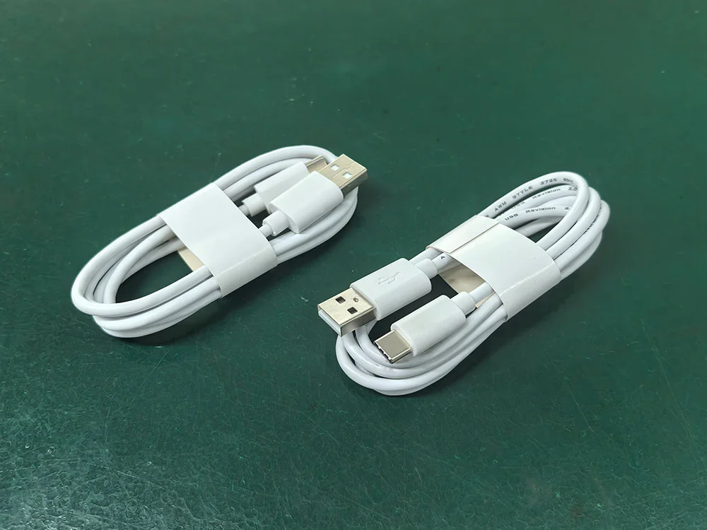 White USB-A to USB-C cable with custom paper packaging for medical devices